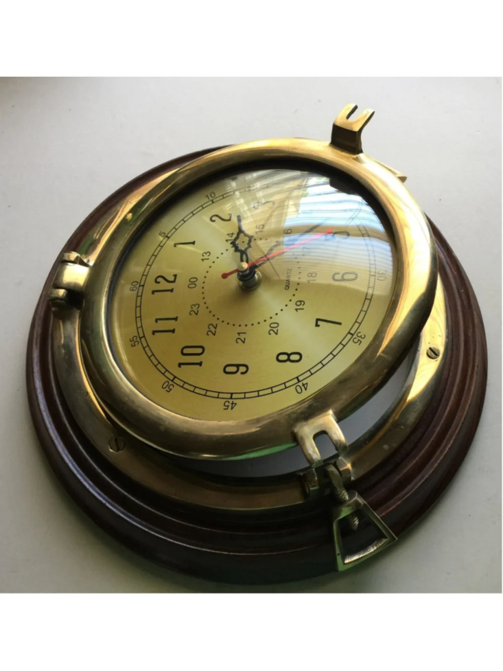 Nautical Ship’s Clock Porthole Look Brass & dark wood 10 Inch Working